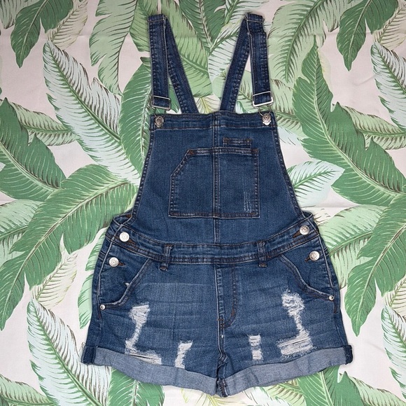 Almost Famous Distressed Denim Shortalls - Picture 1 of 9